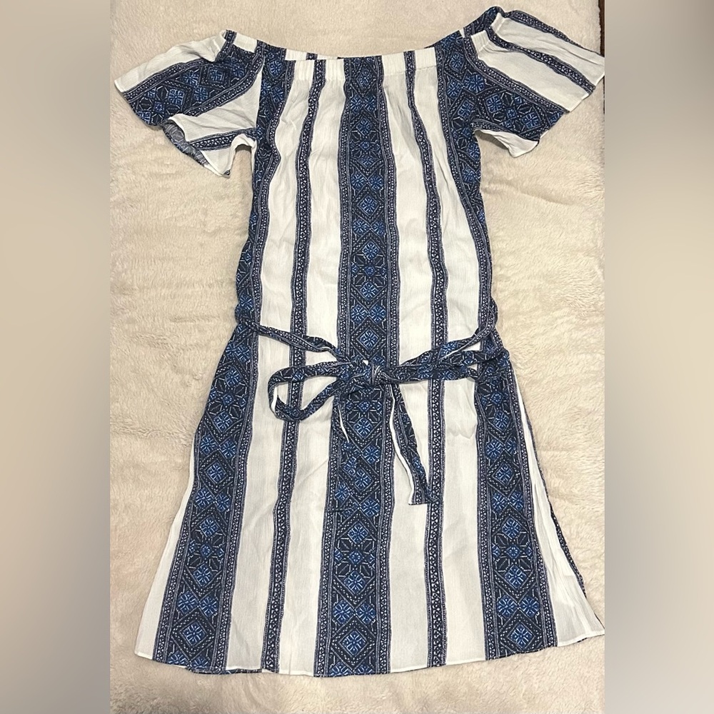 Michael Kors Blue and White Off The Shoulder Dress